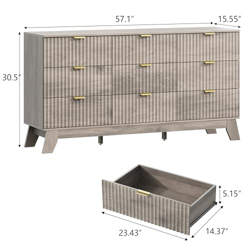 Image of Wodeer 9 Drawer Fluted Dresser for Bedroom, Mid Century Modern Wooden Dresser with 9 Drawers, Dressers & Chests of Drawers with Metal Handle, TV Stand & Storage Organizer for Entryway, Hallway, Oak