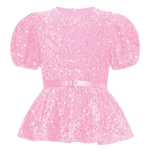 Choomomo Velvet Blouses for Girls Dressy Casual Short Sleeve Peplum Tops Sparkly Glitter Belted Shirts