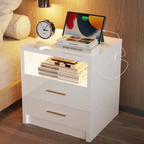 BPMIO Mesita de Noche Blanca con 2 Cajones y Compartimento Abierto con LED 20 Colores, Mesa Auxiliar Moderna para Dormitorio, Sala de Estar u Oficina, Ideal para Hogar y Apartamentos Compactos