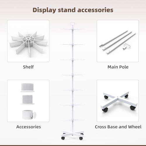 Image of Retail Display Racks 7 Tier Spinning Display Stand, Movable Shop Spinner Rack with Hooks, Retail Display Stand for Jewelry Keyring Hats Socks Toys (White)