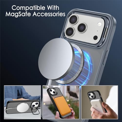 Image of TheGiftKart Hybrid Matte Frosted Back Cover Case for iPhone 17 Pro Max Compatible with MagSafe | Built-in Stand | Shockproof Hard Back Cover Case for iPhone 17 Pro Max (PC & TPU, Translucent Grey)