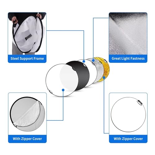 Reflector de luz para fotografía, 5 en 1, plegable, difusor de luz, multicolor, varios tamaños (blanco plateado)