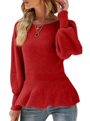 Image of Womens Fall Puff Sleeve Peplum Casual Slim Fit Knit Pullover Sweater Jumper Tops