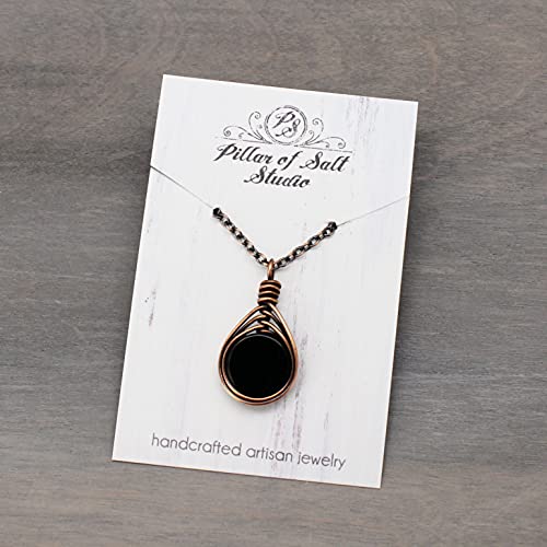 Pillar Of Salt Studio Handcrafted Black Onyx Gemstone Copper Wire Wrapped 1" Pendant Necklace (18" Chain) #TOP2