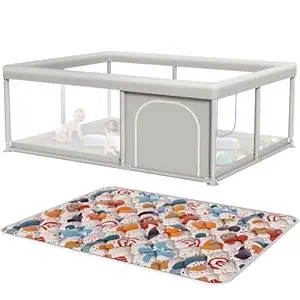 Baby Playpen with Mat 65 x 50 Inch, PlayPen for Babies and Toddlers, Sturdy Safety Play Yard for Indoor & Outdoor with Zipper Gates