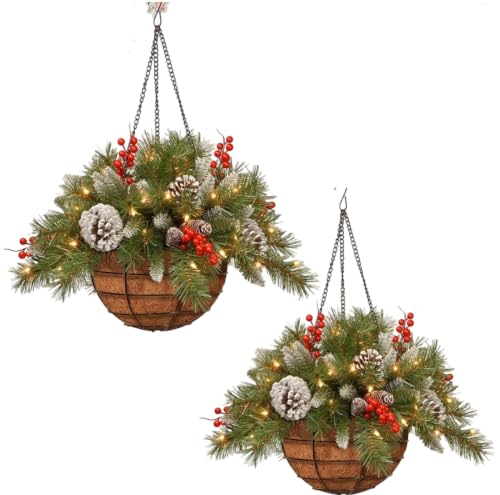 2 Set Christmas Outdoor Decor Cedar Artificial Hanging Baskets with Lights - image 9