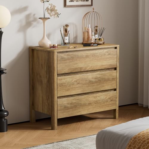 Image of Furniway Nightstands Set of 2, 31.5 inch Wide 3 Drawer Nightstand with Wood Legs, Mid-Century Modern Bedside Table with Storage, Wooden End Table for Bedroom, Natural Oak