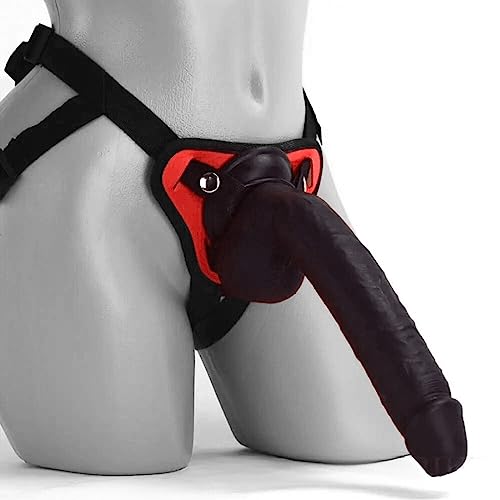 10 Inch Realistic Dildo with Strap On Harness Large Thick Sex Toy Pegging for Men Women Couples (10 Inch Black Dildo with Red Strap On Harness)