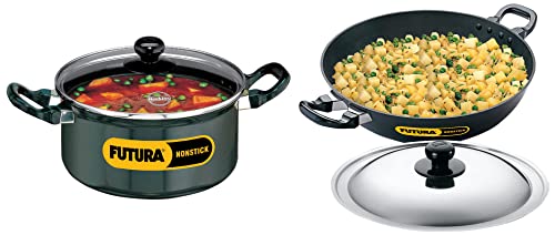 Hawkins - Q34 Futura Non-Stick Stewpot with Glass Lid, 3 litres Non-Stick Round Bottom Deep-Fry Kadai with Steel Lid, 30Cm