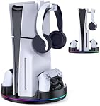 NEWDERY Console Stand for PS5, Dual Charging Station for PS5 Controllers | for PS5/PS5 Slim/PS5 Pro, for PS5 Controllers, Console Stand, Dual Controllers Charging Dock, Adjustable RGB Light, Black