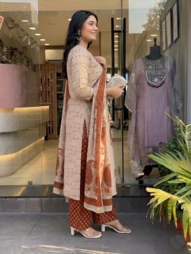 Image of Nermosa Women's Pure Viscose Block Printed Ethnic Wear Straight Kurta Set with Palazzo Pants & Dupatta | Kurta Set for Women | 3 Piece Set