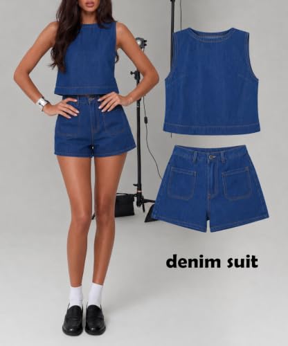 Image of Kedera Summer Denim Set for Women 2 piece Casual Sleeveless Boxy Shirt Tops and Shorts Pants Lounge Sets Outfits