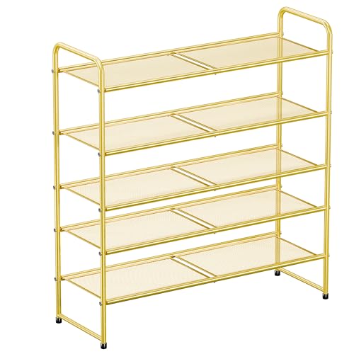 Image of Modern Shoe Rack, 5 Tier Heavy Duty Metal Mesh Shoe Shelf 27 Inch Wide, Glod