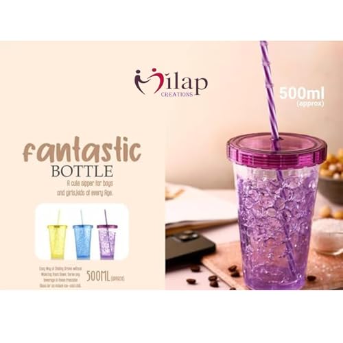 Image of Double Wall Insulated Tumbler with Lid and Straw, 500ml, Icecream Cold Drink Cup, Plastic Mug Bottle Jelly Sipper Gel Feezer Gift for Kids Multicolor (Large, 1, Count)