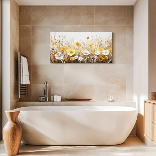 SERIMINO Wildflowers Large Wall Art, Modern Industrial Gold and Silver Floral Art Prints, Rustic Flower Field Canvas Paintings, Vintage Pictures for Living Room Bedroom Kitchen Decoration 20"X40"