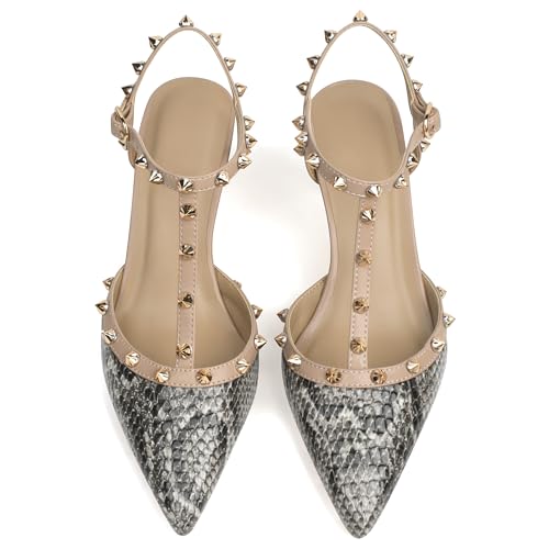 Image of XINIUNIU Studded Heels for Women Kitten Heels with Studs Stiletto Sandals with Rivet Ankle Strap Patent Leather Pointy Toe 2.5 Inch Party Daily Wear Evening Sandals