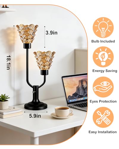 Image of Lightdot Mid Century Modern Table Lamp Dimmable Vintage Black Lamp Gift | Amber Glass Desk Lamp 2 Bulbs Included 3000K Warmwhite Ambient Nightstand Bedside Lamps for Bedroom Living Room Home Decor