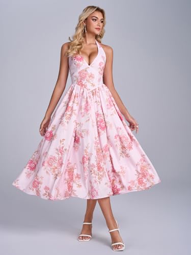 Image of Parthea Women's Gingham Halter V Neck Midi Dress Corset Smocked Sundress Flowy A Line Wedding Guest Dresses
