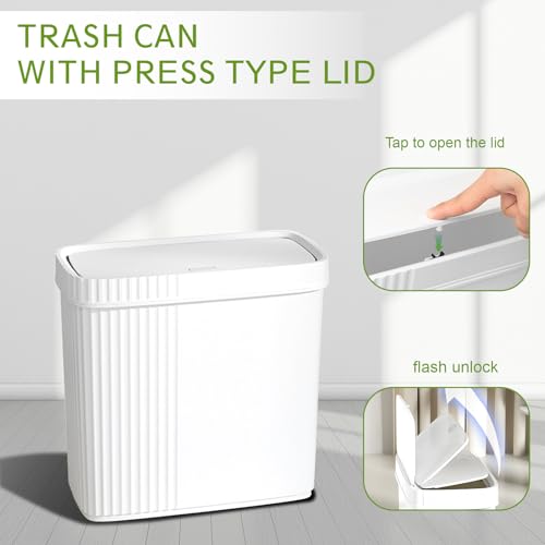 UUJOLY Small Bathroom Trash Can with Lid Slim Wastebasket Garbage Can Plastic Container Basket Trash Bin for Kitchen, Laundry Room, Office, Kids Room, Dorm, White, 2.4 Gallon