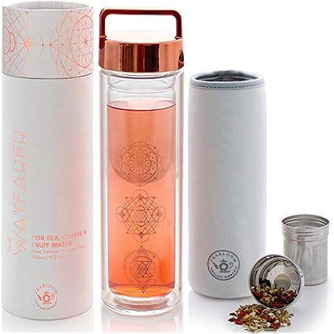 Teabloom All-Purpose Beverage Tumbler – 15 oz / 450 ml Insulated Glass Bottle – Tea, Coffee, Fruit Infused Water – All-Temperature Travel Mug – Stainless Steel Infuser Basket Cover