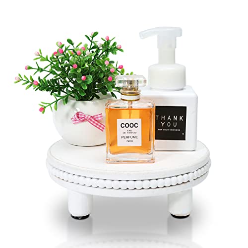 Farmhouse Beaded Wood Pedestal Tray Decor, 7.6” Round Vintage Display Stand, Decorative Accent Display Riser for Kitchen, Bathroom Small Items (White)