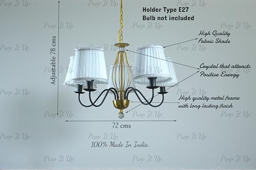 Image of Prop It Up 5-Light Chandelier with White Fabric Shades for Home, Gold and Black Metal Frame jhoomer for Hall, Crystal Accent, E27 Holder, 72x78 cm