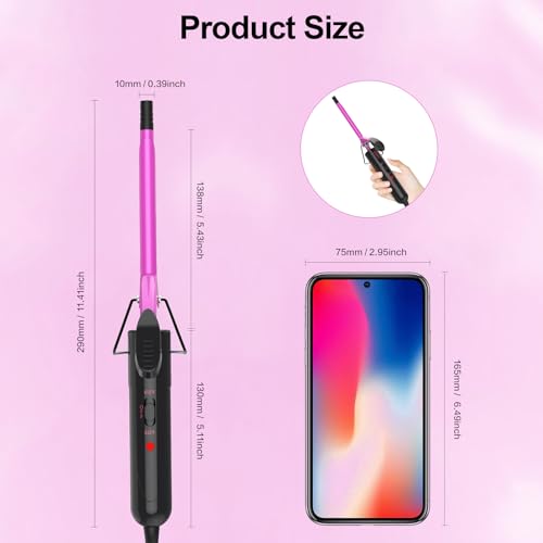 Image of 3 /8 Inch Ceramic Small Curling Iron for Short Hair, 9mm Pencil Curling Iron | 9mm Small Barrel for Tight Curls, 450F /430F Dual Heat Settings, Dual Voltage, Pink
