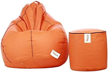 Sattva Combo Classic XXXL Bean Bag and Round Footstool Filled with Beans - Orange with Navy Blue Piping