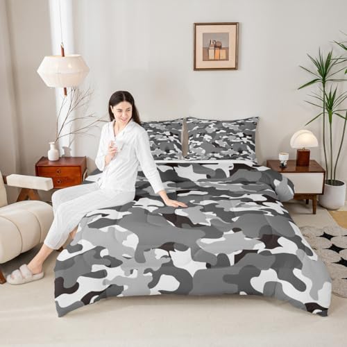Castle Fairy Grey Camouflage Twin Size Comforter Set,Black Brown Camo Army Duvet Set Soft Bed Collection,Wildlife Hunting Bedding Comforter for Boys Girls Bedroom,2 Pcs