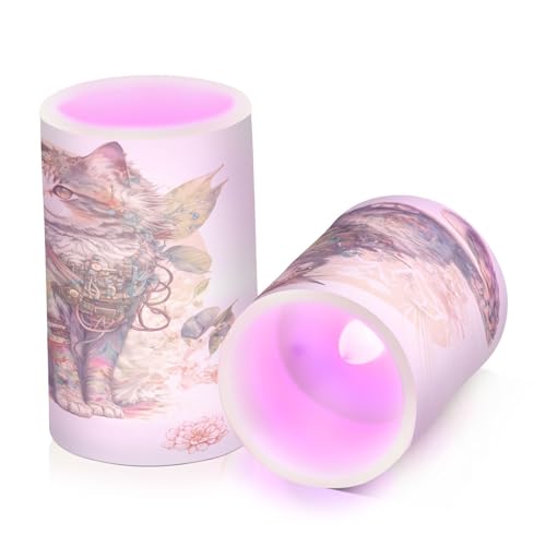 Watercolor-cat-White-Background Flameless Pillar Plastic Led Candles, Battery Operated with Remote/Timer Color Changing Soft Light, Set of 2 for Festival, Wedding,Home Party Decor