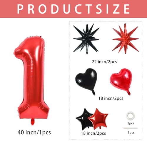 Image of TONIFUL 1st Birthday Balloons Kit 40 Inch Red Large Number 1 Foil Balloon | with 18Inch Helium Mylar Heart Star Balloons for Kids Women Men Birthday Anniversary Graduation New Year Eve Party Decoration