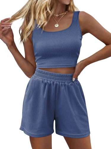 Trendy Queen Two Piece Summer Outfits Women Shorts Sets 2 Piece Sleeveless Matching Lounge Crop Top and High Waisted Shorts Blue M