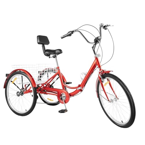 DOPBENT Triciclo plegable de 24 pulgadas para adultos al aire libre, color rojo, 7 velocidades, bicicleta de 3 ruedas con cesta de la compra, bicicleta de ciudad ajustable en altura