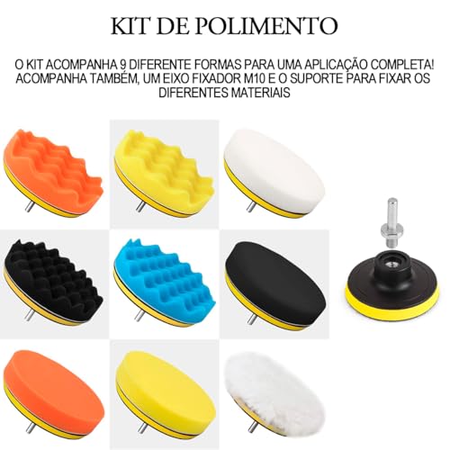 Kit De Boina para Polimento 5 Polegadas 125mm Automotivo com 11 Peças e Adaptador M10 para Furadeira