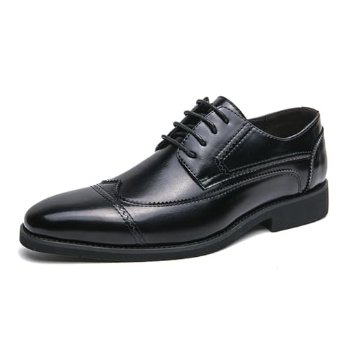 Men's Leather Wing Tips Chunky Low Heel Oxfords Fashion Classic Pointed Toe Lace Up Low Top Dress Shoes Hand Stitched Business Formal Derby Shoes