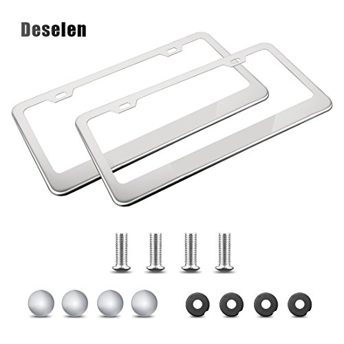 Deselen Stainless Steel License Plate Frame for Genesis with Screw Caps Cover Set, Genesis Logo,Silvery White/Chrome (2 Pieces Front/Back) LP-GE01WP