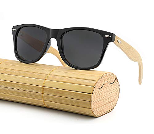 Holz Sonnenbrillen Polarized für Frauen und Männer - Holzrahmen Sonnenbrille mit Flacher Spiegellinse und Bambusbox,Black Cover
