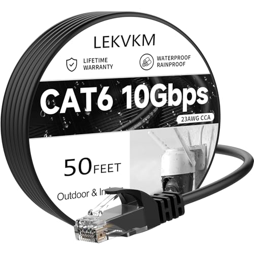Image of Cat 6 Ethernet Cable 50 ft, 23AWG Solid CCA Copper-Clad Aluminum, PE Waterproof Outdoor, Rigid Durable Jacket for Direct Burial and Conduit Runs, Supports 10Gbps - Black