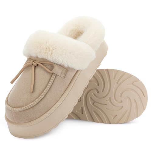 RockDove Women's Microsuede Moc Toe Platform Memory Foam Slipper with Indoor/Oudoor sole, Size 8 US Women, Sand