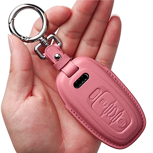 Image of Tukellen Compatible with Audi Key Fob Cover Genuine Leather with Keychain,Leather Key Case Key Shell Compatible with Audi R8 Q5 Q7 S3 S4 S5 S6 S7 S8 SQ5 RS5 RS7 A4 A5 A6 A7 A8 Keyless Entry-Pink