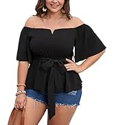 SCOMCHIC Women's Plus Size Off The Shoulder Peplum Blouse Top Half Bell Sleeve Tie Waist Ruffle H...