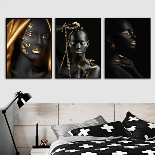 Peinture sur toile femme africaine or et noir triptyque moderne art mural de prestige