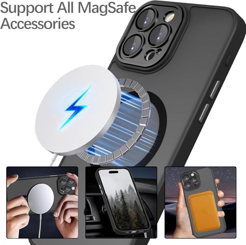 Image of Elzzi Magnetic Magsafe Designed for iPhone 16 Pro Max Case Translucent Matte Hard PC + TPU Back Cover [Compatible with MagSafe] Shockproof Phone Case, Full Black