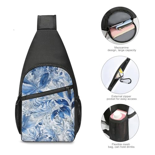 Mochila Sling Urbana Azul Estampado Hojas Pequeña miniatura 4