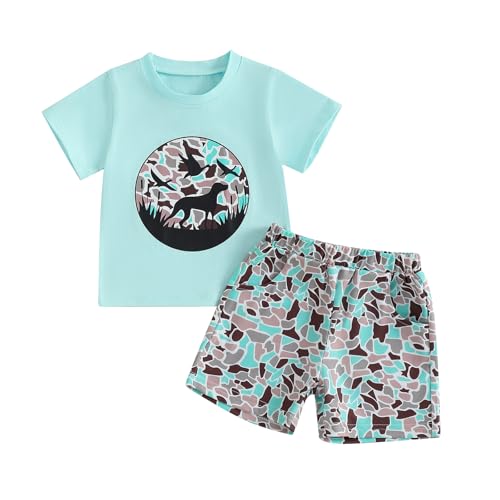 PUHHAPIEY Toddler Baby Boy Summer Clothes Retro Camo Hunting Shirts T-Shirt + Camouflage Shorts Set 6 12 18 24 Months 2T 3T (Mint Green, 2-3T)