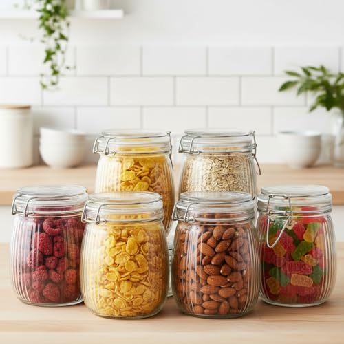Image of ginoya brothers Airtight Glass jar with lid Storage Containers,Glass Canister, Mason Jars, Small Striped Clip Fastening Jar for Kitchen Canning, Overnight Oats, Pickle, Spice. (6, 750 ML)