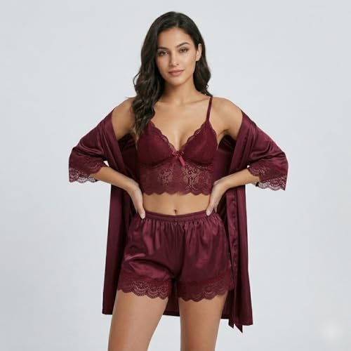 Image of Women's Satin 3-Piece Lingerie Set, Lace Cami, Shorts and Robe, Burgundy