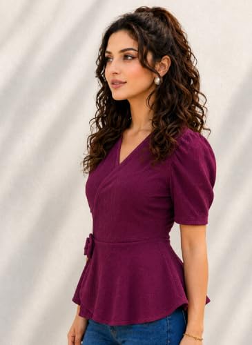 Image of IUGA Women Black Wrap Peplum Top for Women | Puff Half Sleeves V-Neck Casual Western Top | Stylish Regular Fit Tops for Girls