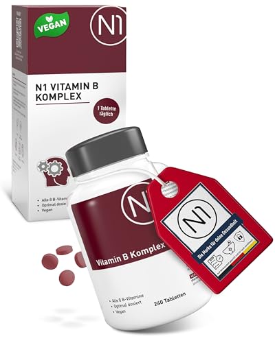 N1 Vitamin B Komplex hochdosiert - 240 vegane Tabletten - nur 1x tgl. - 8 Monats-Vorrat - alle 8 B Vitamine in einer Tablette - beste Bioverfügbarkeit
