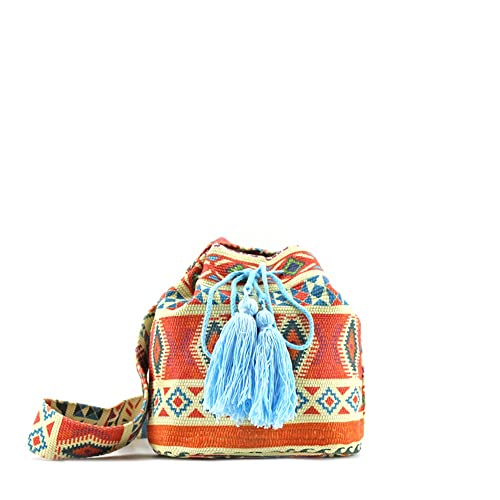 MODELISA - Bolso Bandolera Saco Borla Paja Estampado Viaje Mujer (Azulclaro/Naranja)